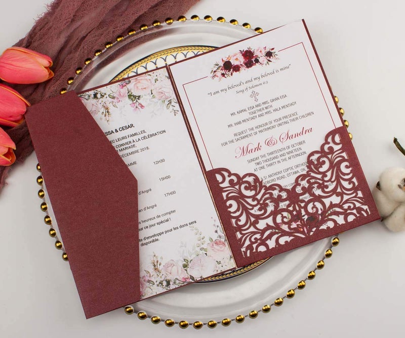Lucky Star 25 Sets Burgundy 250G Tri Fold Wedding Invitations Cards With Envelopes Inserts Greeting Laser Cut Pocket invites for Wedding Bridal Shower Birthday - Image 4